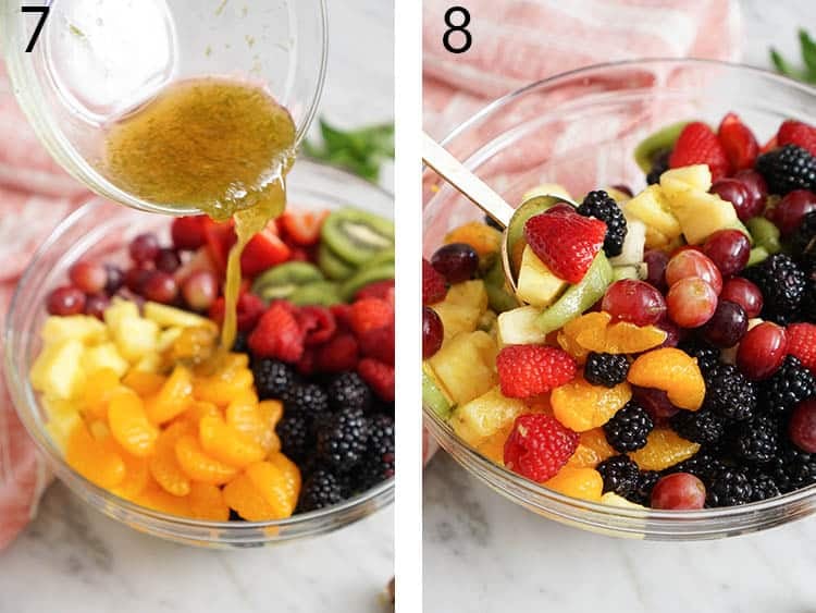 Dressing being poured onto a fruit salad.