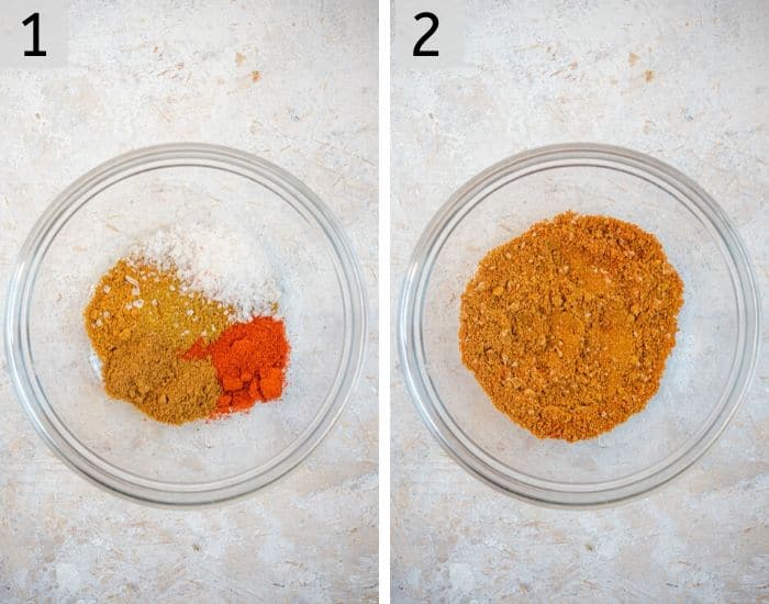 Two photos showing a spice mix for making a chicken curry
