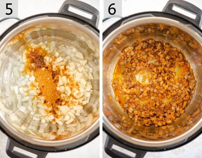 Two photos showing browning spices with onions to make a curry