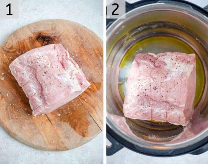 Two photos showing browning pork loin in an instant pot