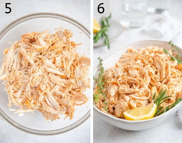 Two photos showing how to shred and serve chicken