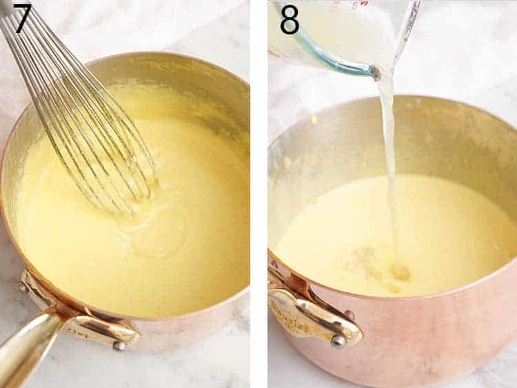 Lemon juice getting whisked into a mixture of yolks and sugar