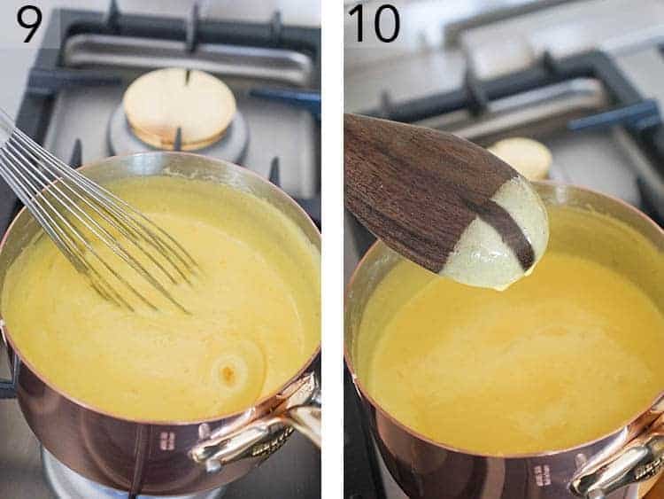 Lemon curd getting stirred on heat until the back of a wooden spoon is coated.