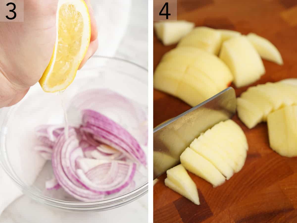 Lemon juice squeezed onto sliced onions and apples getting cut into pieces.