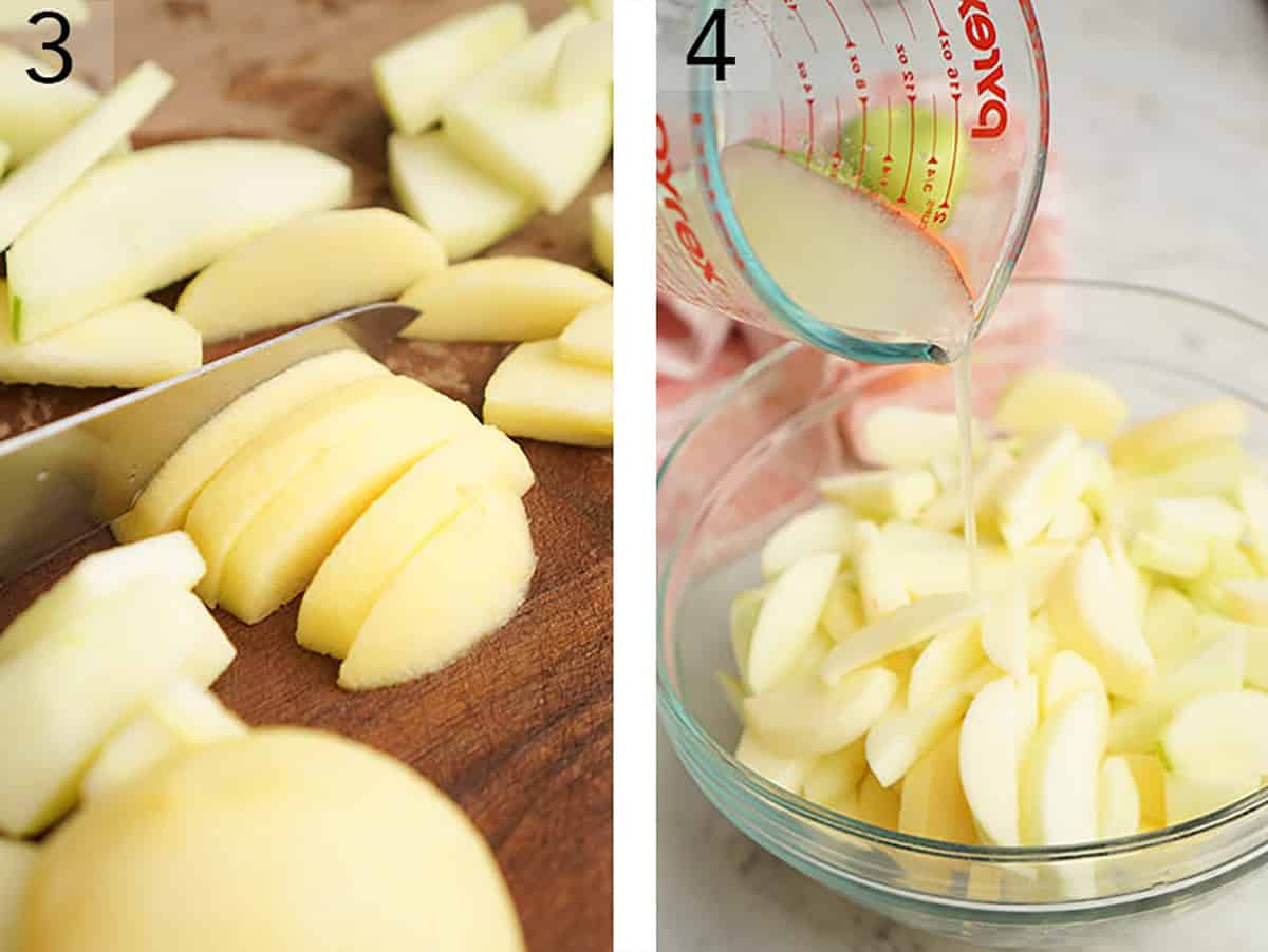 Peeled apples getting chopped and topped with lemon juice.