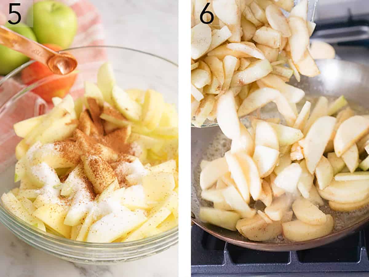 Apple slices being mixed with sugar, nutmeg and cinnamon for an apple crumble pie.