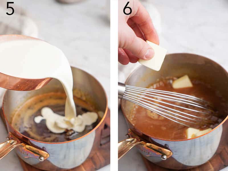Cream and butter getting whisked into caramel