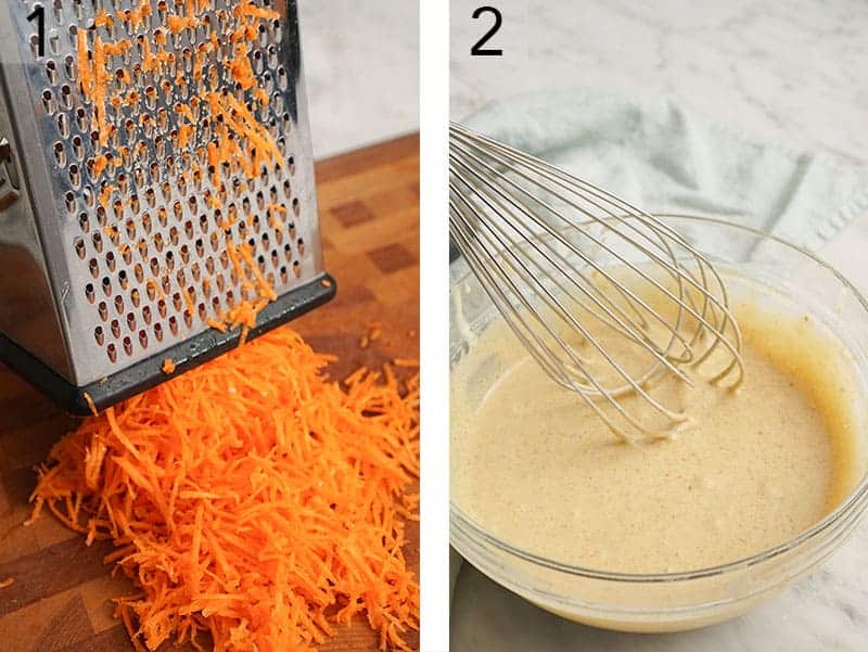 Carrots getting shredded for carrot cake cupcakes.