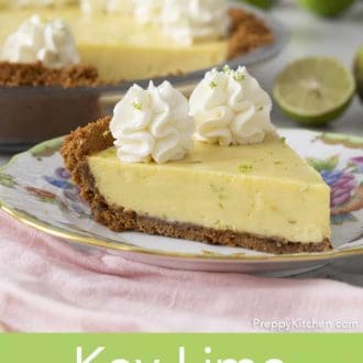 Pinterest graphic showing a piece of key lime pie on a plate topped with whipped cream swirls and lime zest.
