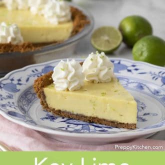 Pinterest graphic showing a piece of key lime pie on a plate with limes in the background.