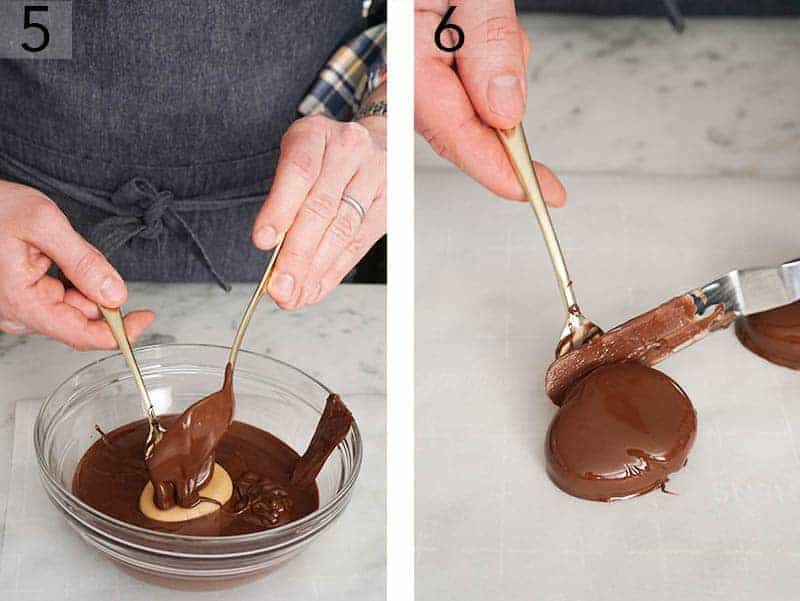 Peanut Butter Eggs being dipped in chocolate.