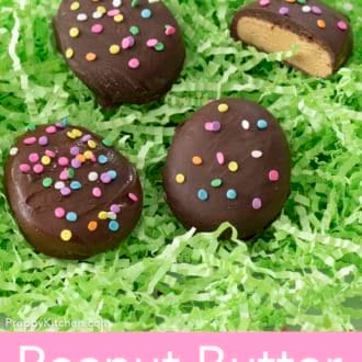 peanut butter eggs on a bed of fake easter grass