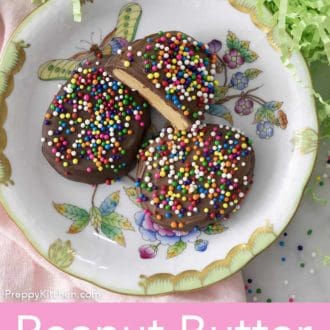peanut butter eggs with sprinkles on a floral plate
