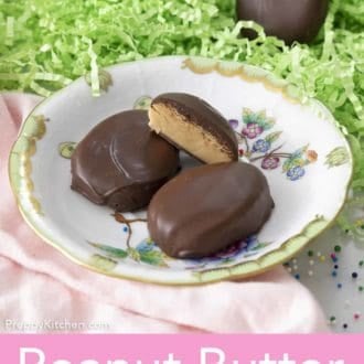 peanut butter eggs on a floral plate