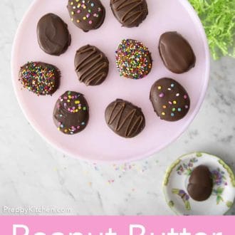 peanut butter eggs on a cake stand