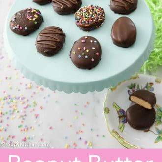 peanut butter eggs on a cake stand
