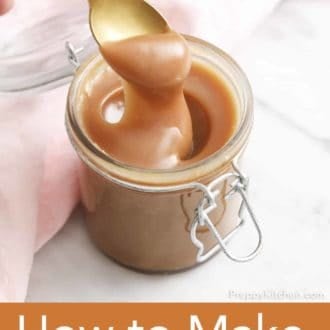 spoonful of caramel from a glass jar