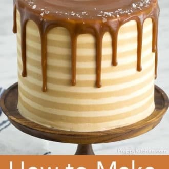 striped caramel cake with caramel drizzle on a cake stand