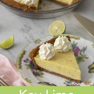 Pinterest graphic showing a slice of key lime pie on a patterned plate with more pie in the background.