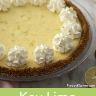 Pinterest graphic showing a whole key lime pie in a glass pie pan.