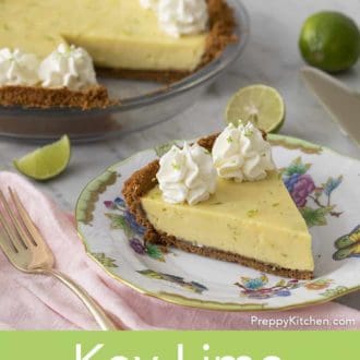 Pinterest graphic showing pie on a patterned plate with more pie in a dish in the background.