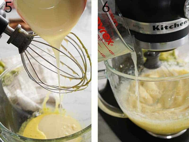 Sweetened condensed milk and key lime juice going into a mixer to make key lime pie filling. 