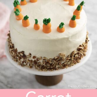 A three layer carrot cake with walnuts.