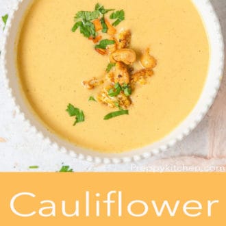 cauliflower soup in a white bowl
