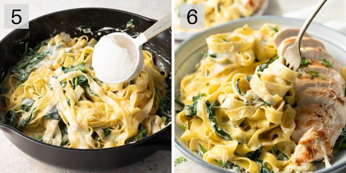 Two photos showing how to finish making chicken alfredo