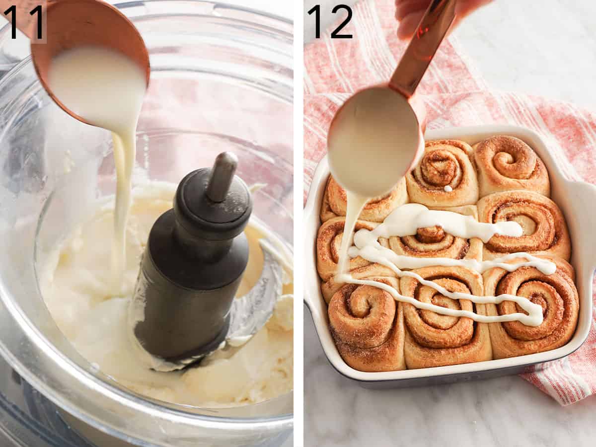 Glaze for cinnamon rolls being mixed then drizzled.