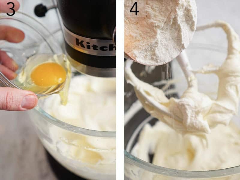 Wet and dry mixtures are combined in a stand mixer to make cream cheese cookies.