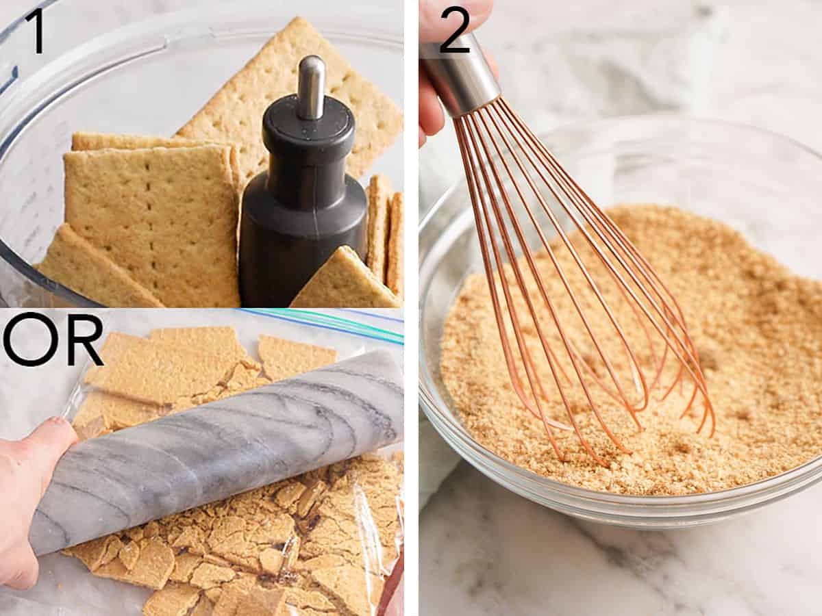 Graham crackers getting crushed and stirred together.
