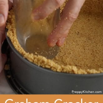 pressing graham cracker pie crust into springform pan