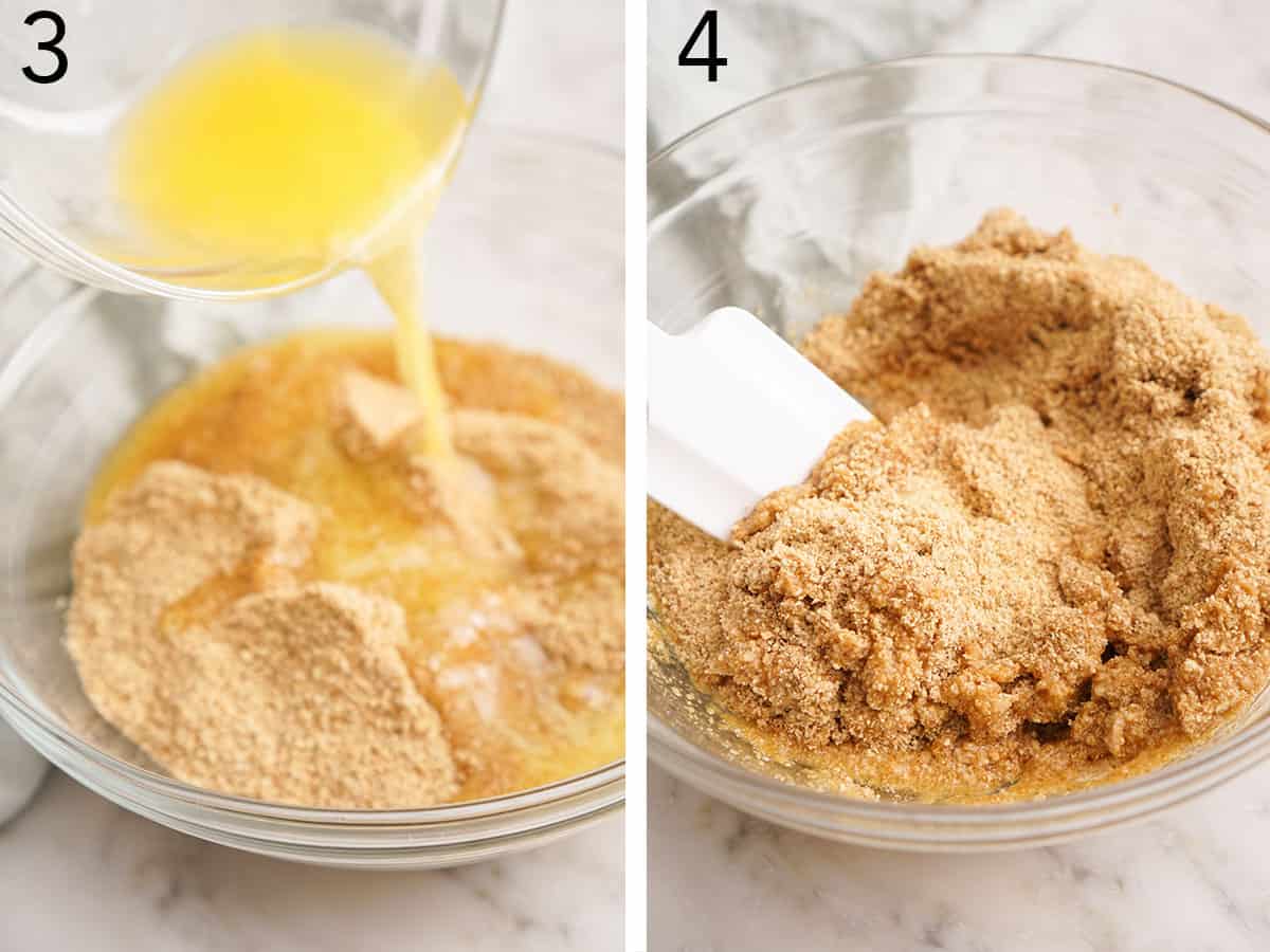 Melted butter pouring into a bowl of graham cracker crumbs.