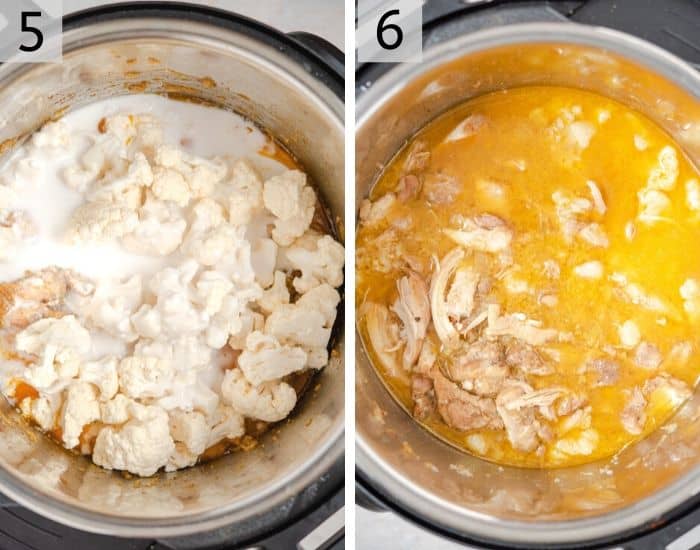 Two photos showing how to prepare chicken curry in the instant pot