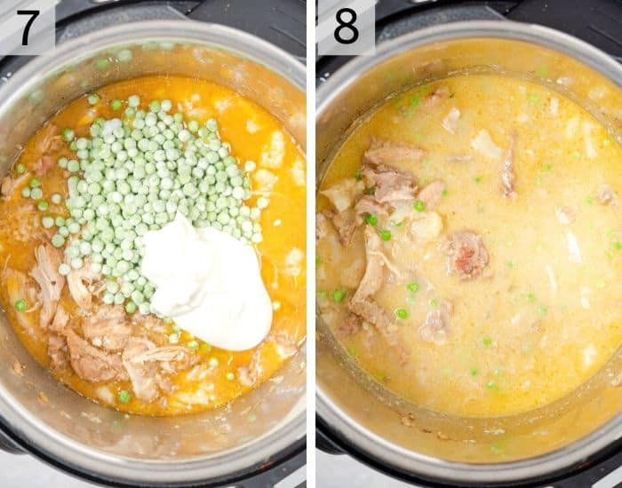 Two photos showing the final cooking stages of making Instant Pot chicken curry