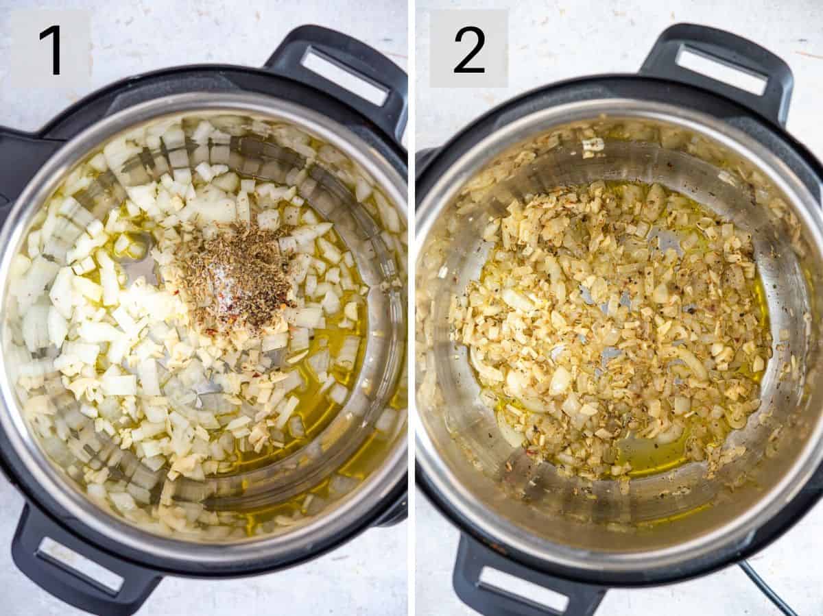Two photos showing how to saute onions and garlic in an instant pot