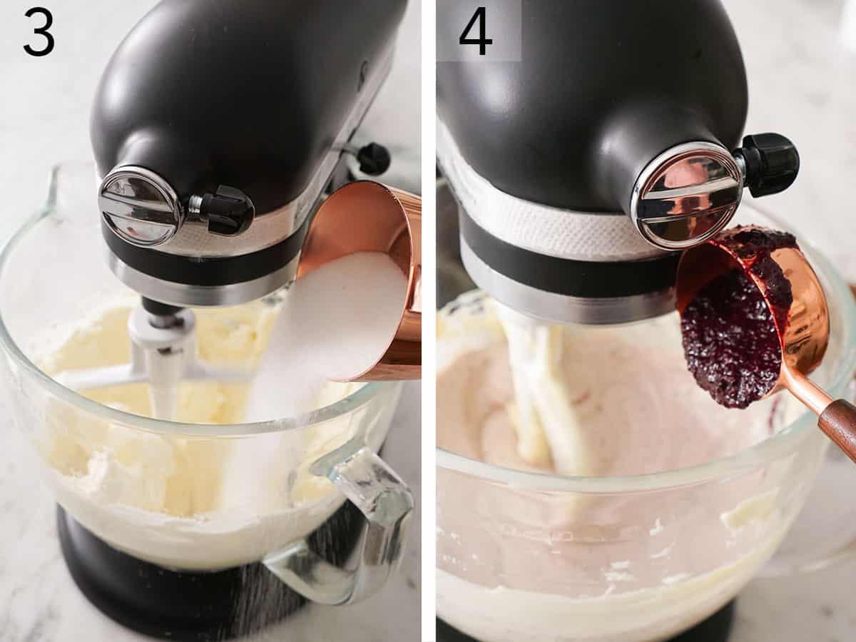 A blueberry reduction getting poured into cheesecake batter.