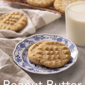 A pinterest graphic of a peanut butter cookie on a blue and white plate.