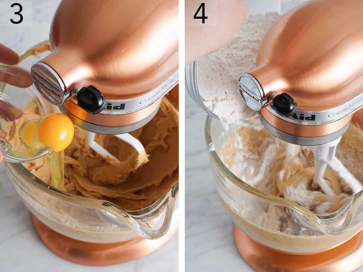 An egg getting mixed into peanut butter cookie dough.
