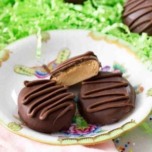 A close up of peanut butter eggs on a plate