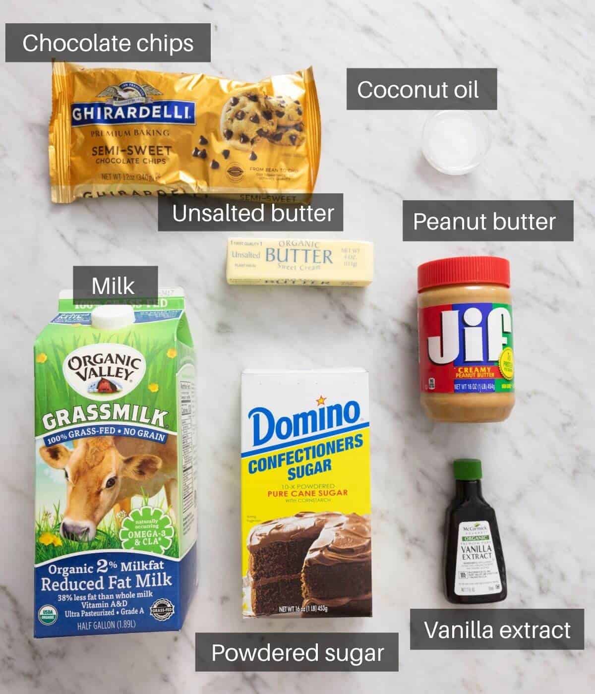 An overhead shot of all the ingredients you need to make peanut butter eggs