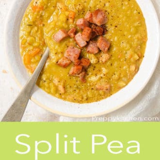 split pea soup in a white bowl with a spoon