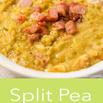 split pea soup in a white bowl with a spoon