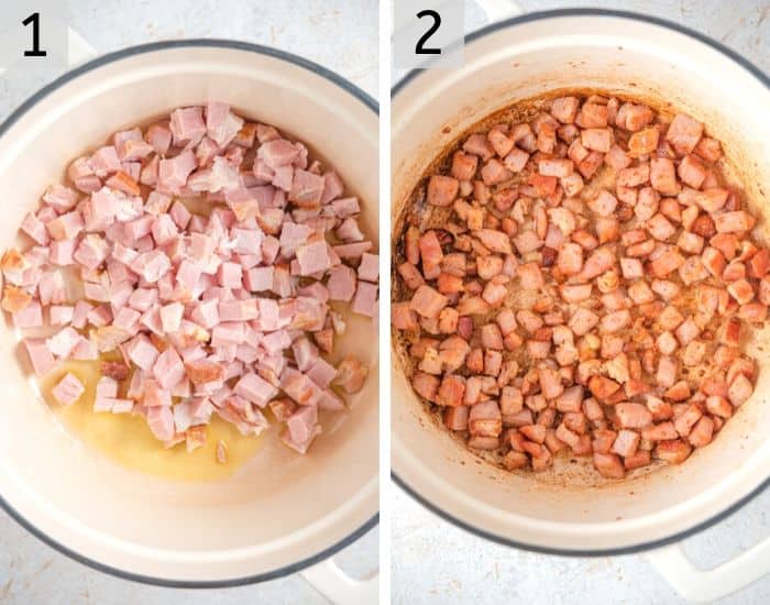 Two photos showing how to brown cooked ham