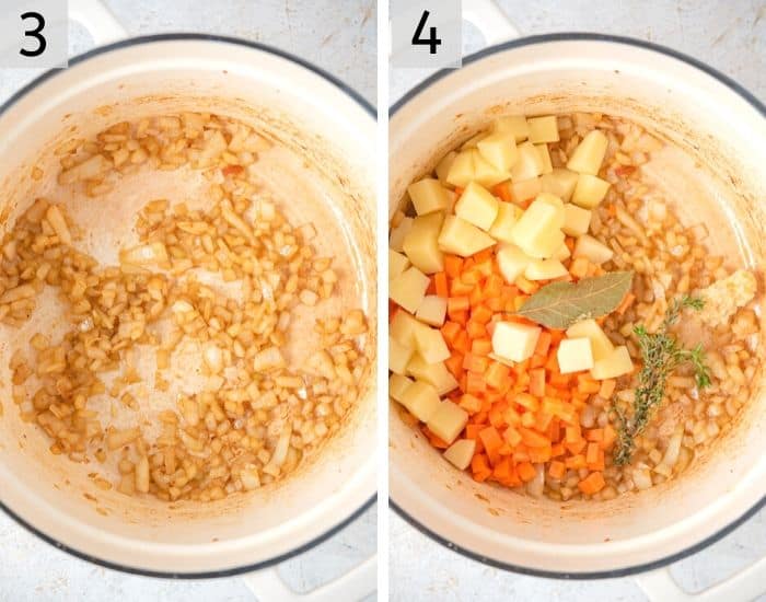 Two photos showing how to saute vegetables to make soup