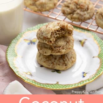 coconut cookies stacked on a plate
