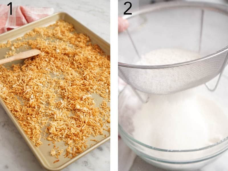 Toasted coconut for coconut cookies on a baking sheet