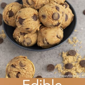 Pinterest graphic of scoops of edible cookie dough in a bowl.