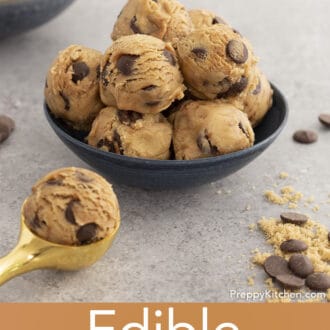 Pinterest graphic of multiple scoops of edible cookie dough in a bowl.